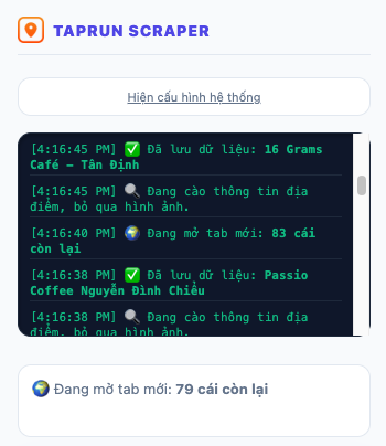 Taprun Scraper extension đang cào dữ liệu Google Maps theo danh sách từ khóa